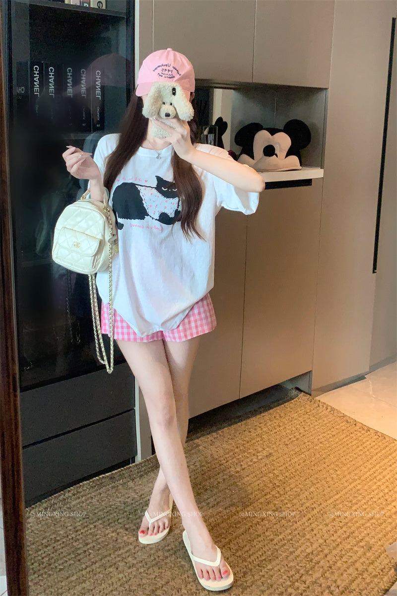 💕居家貓咪印花圓領T+格子短褲兩件套