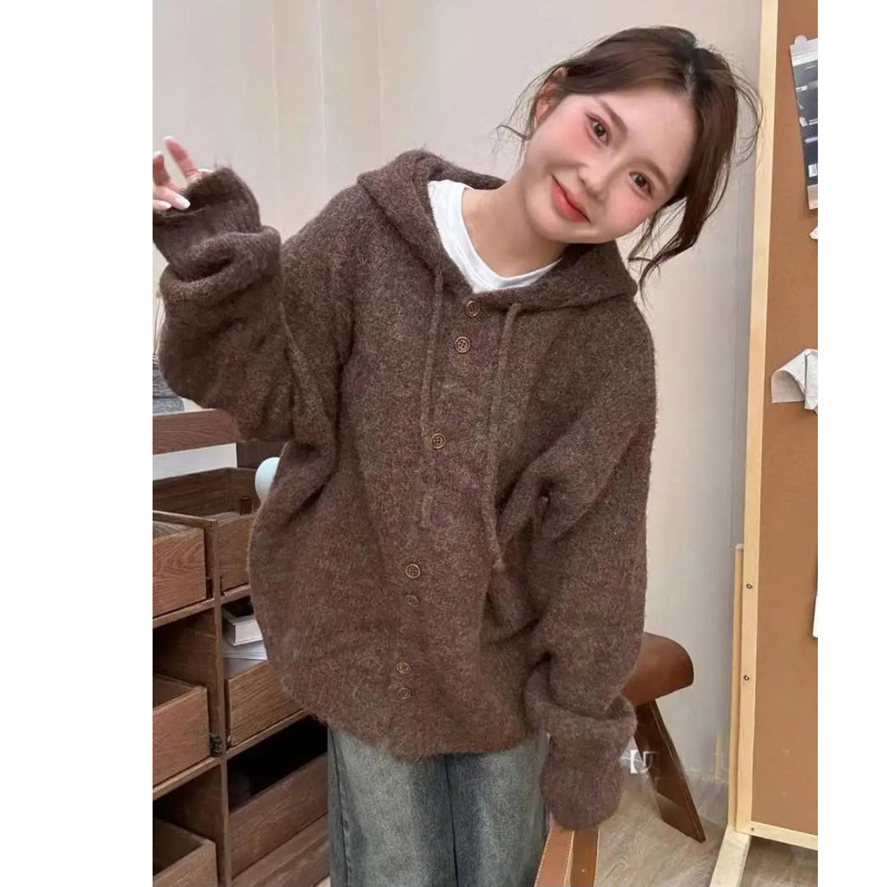 💕chic韓系溫柔軟糯連帽寬鬆甜美針織上衣外套
