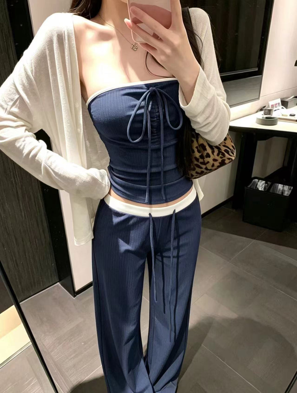 💕時尚慵懶感輕薄開衫抽繩抹胸三件套
