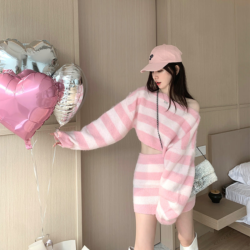 💕秋冬羊毛撞色條紋半身裙套裝