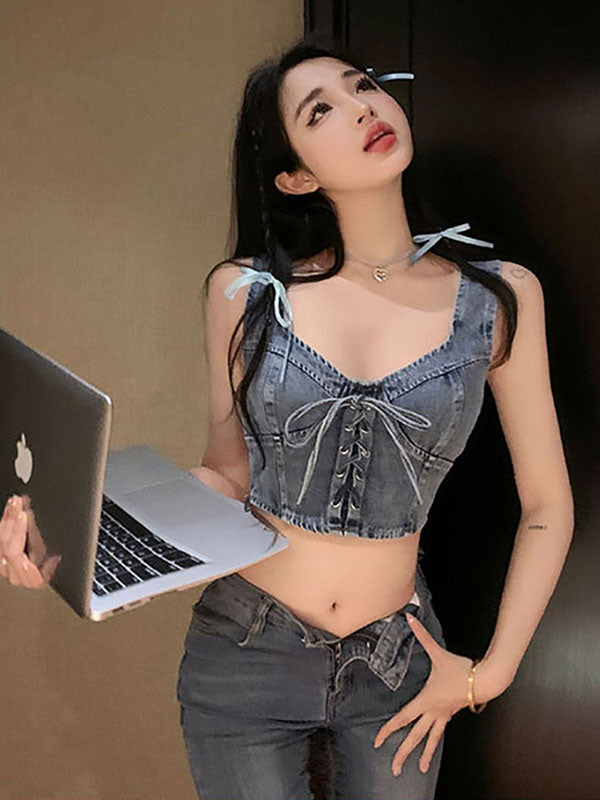 💕時尚辣妹綁帶牛仔背心