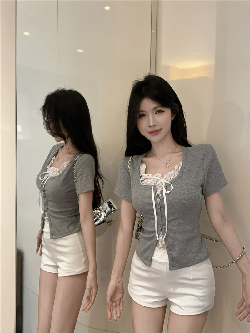 💕高級感假兩件短袖拼接蕾絲上衣
