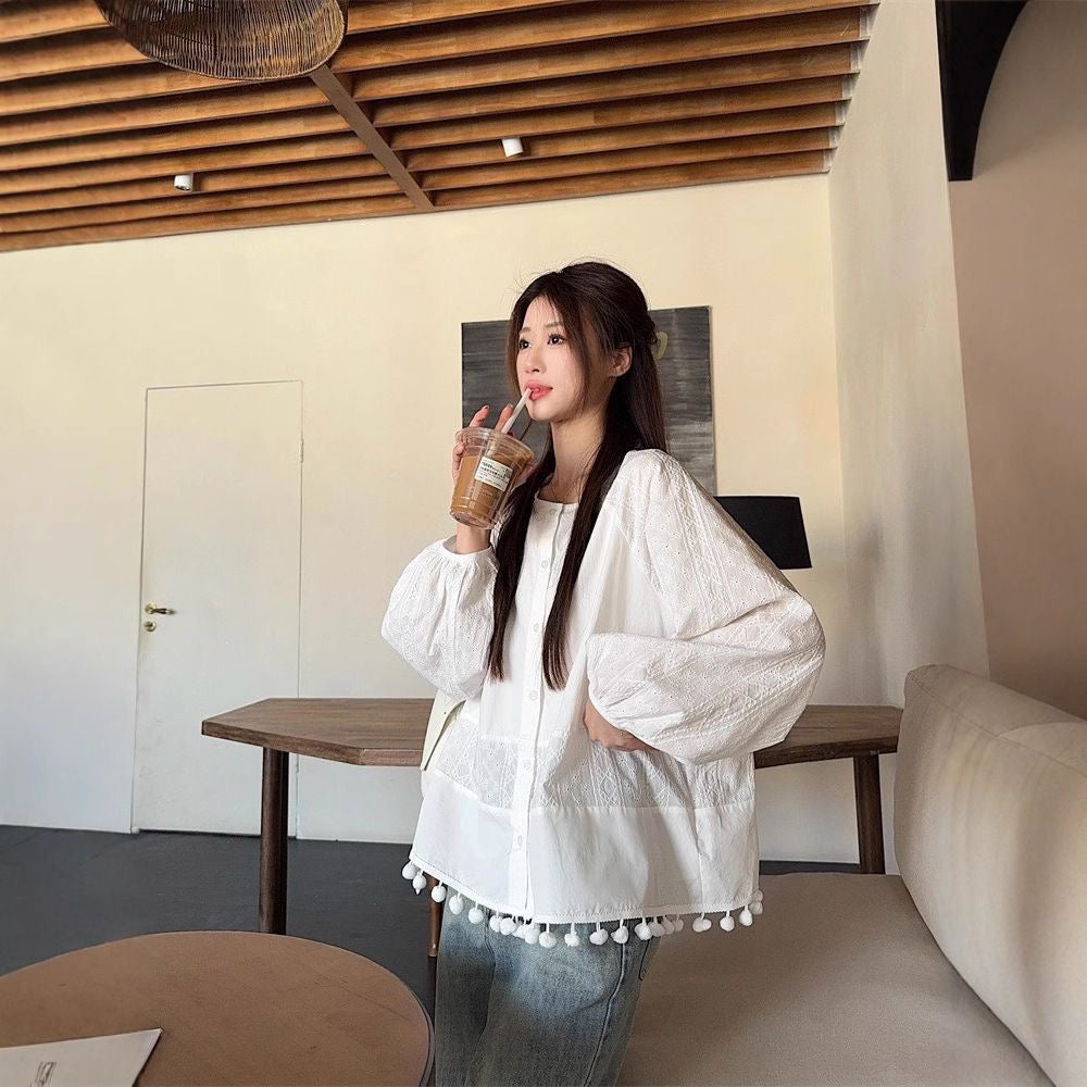 💕甜美溫柔圓領花邊娃娃衫上衣