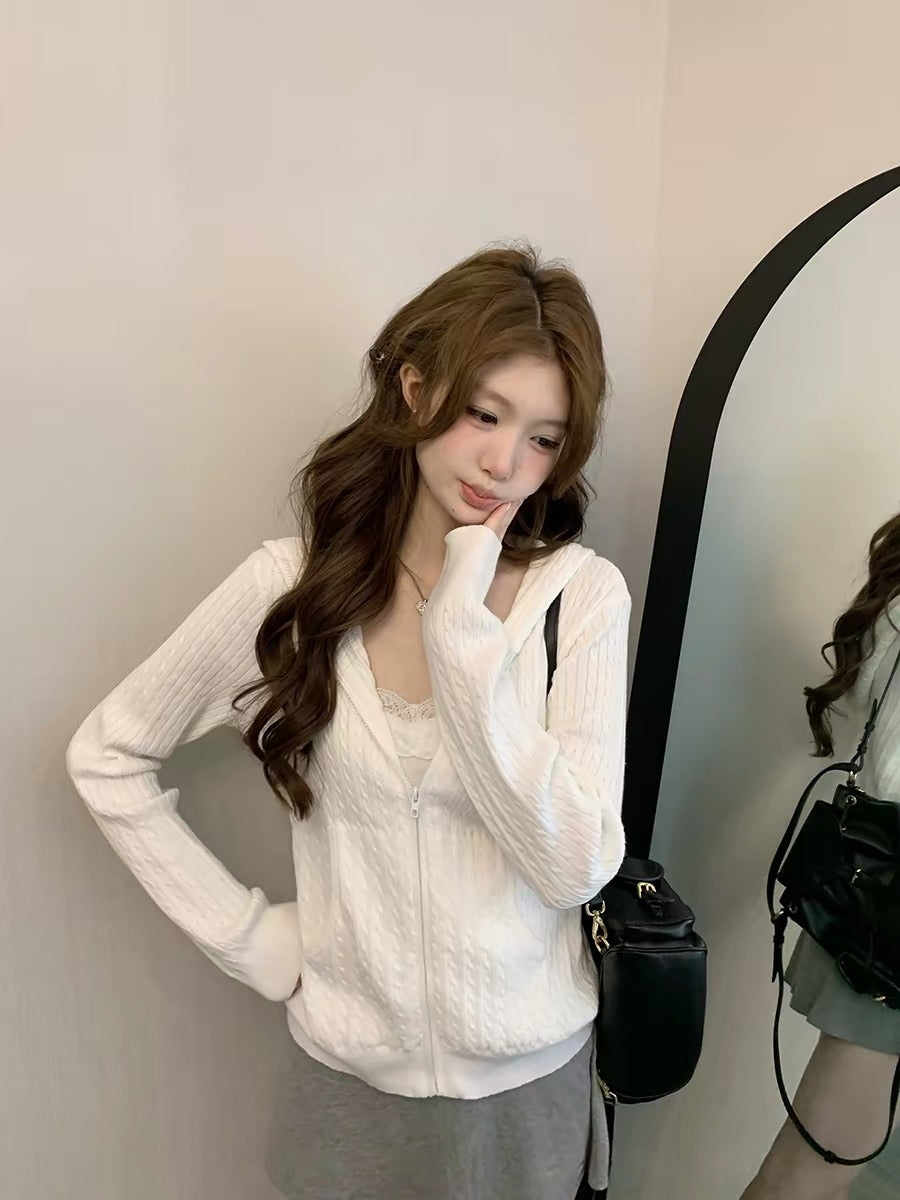 💕氣質簡約麻花針織連帽開衫寬鬆拉鍊外套