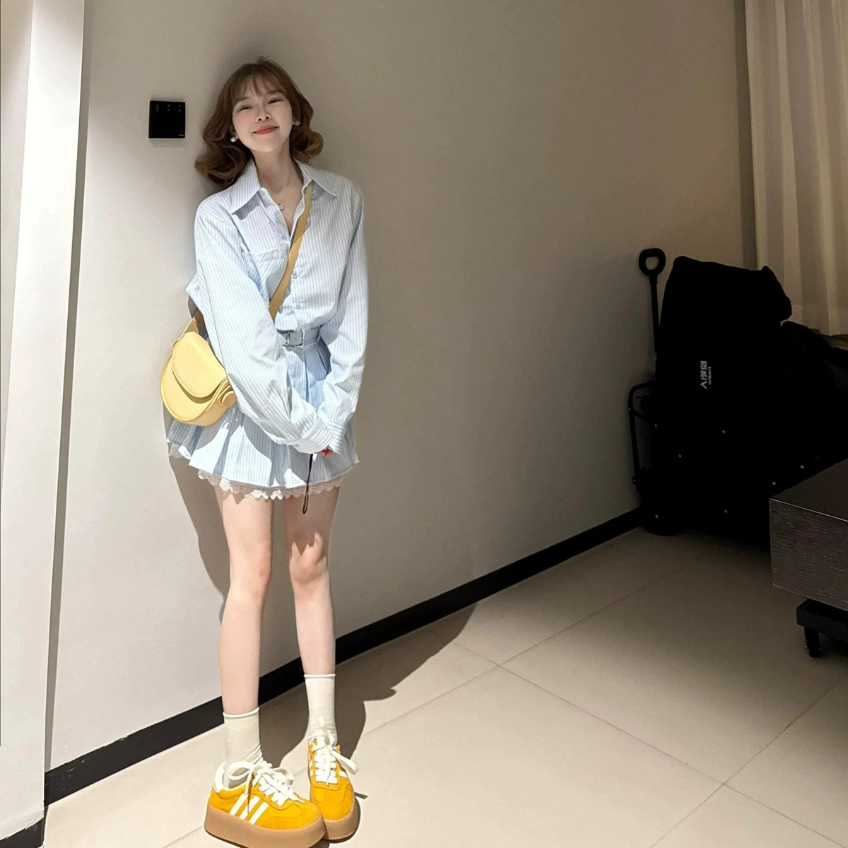 💕蕾絲拼接配腰帶條紋長袖小個子連衣裙