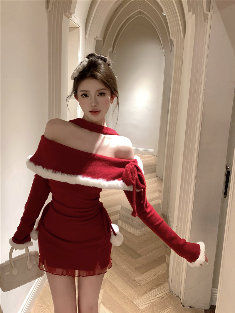 💕法式秋冬聖誕氣息掛脖毛邊包臀短裙