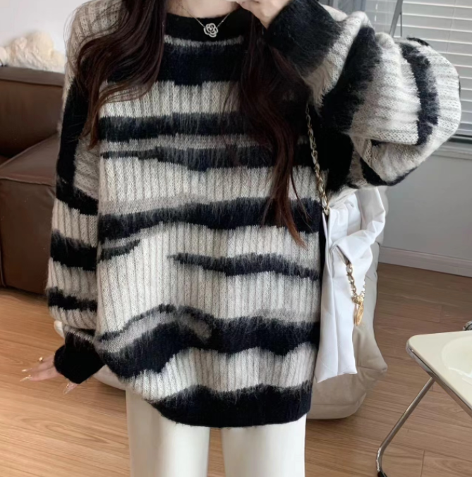 💕韓系ins秋冬撞色條紋慵懶中長毛衣針織衫