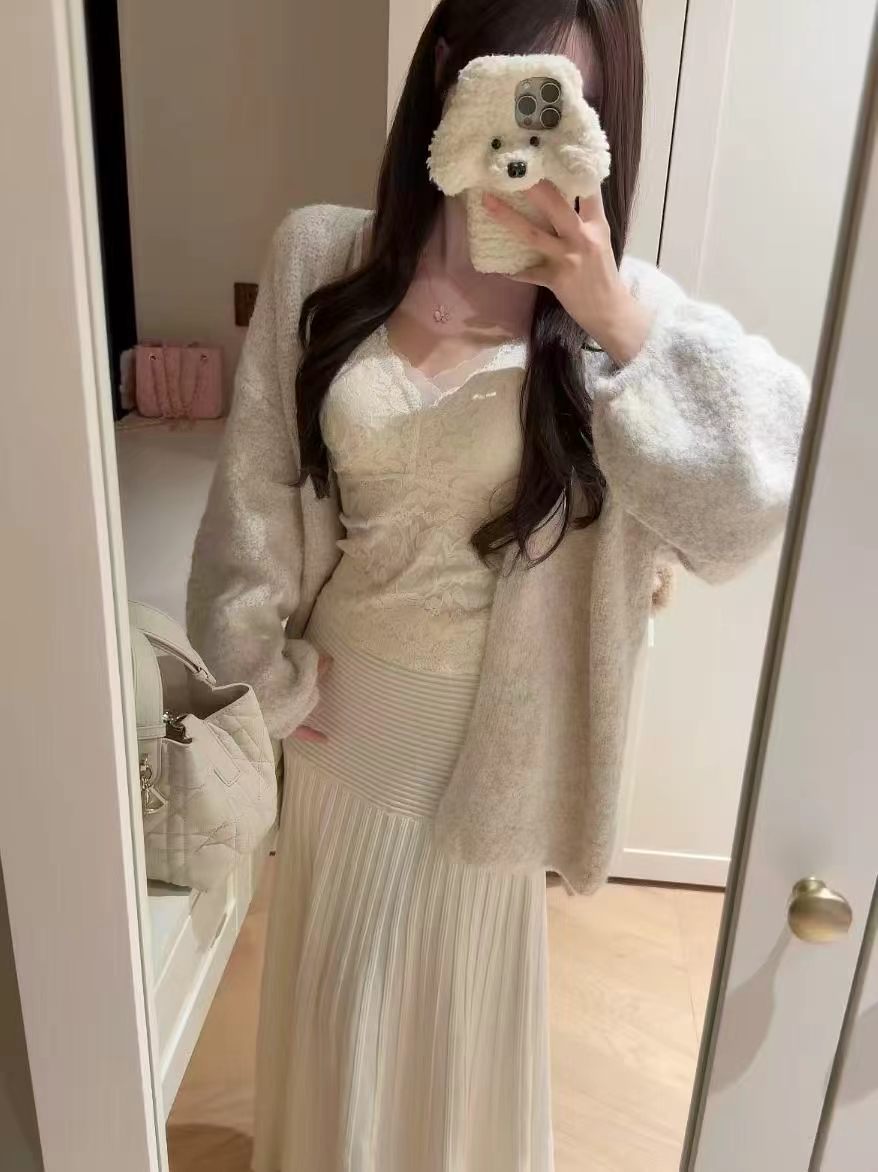 💕韓系秋冬慵懶寬鬆V領針織毛衣背心半身裙三件套