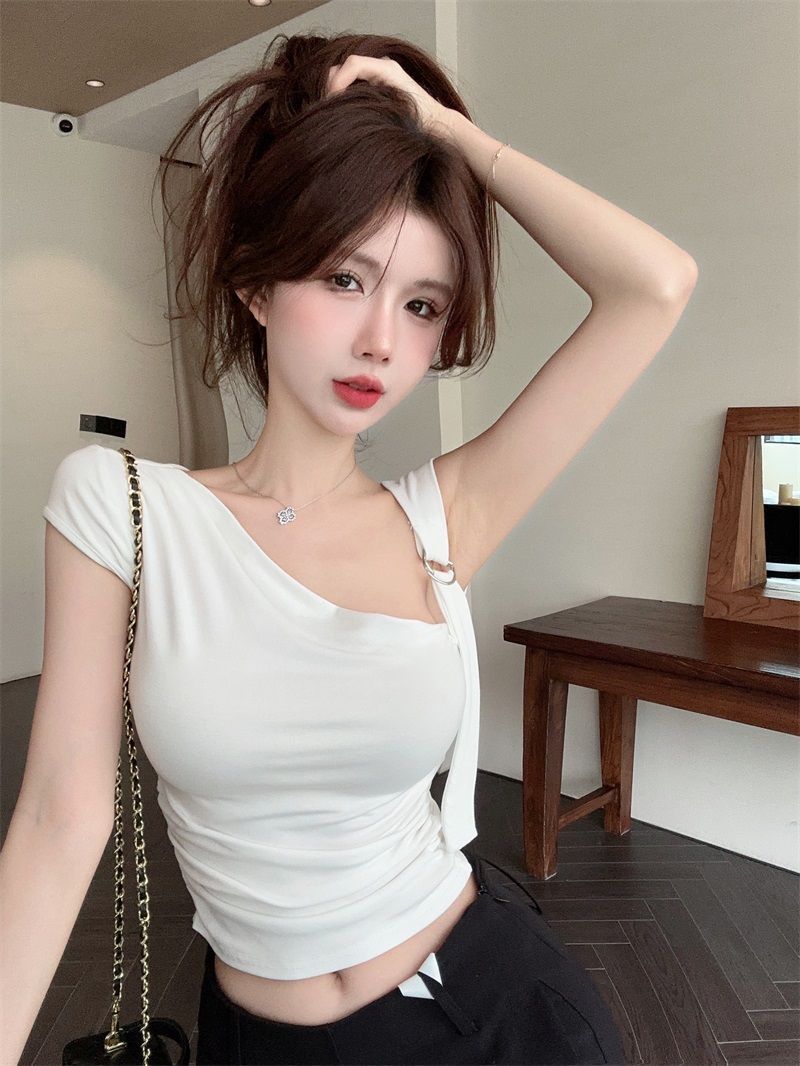 💕不規則斜領露肩露臍短袖上衣