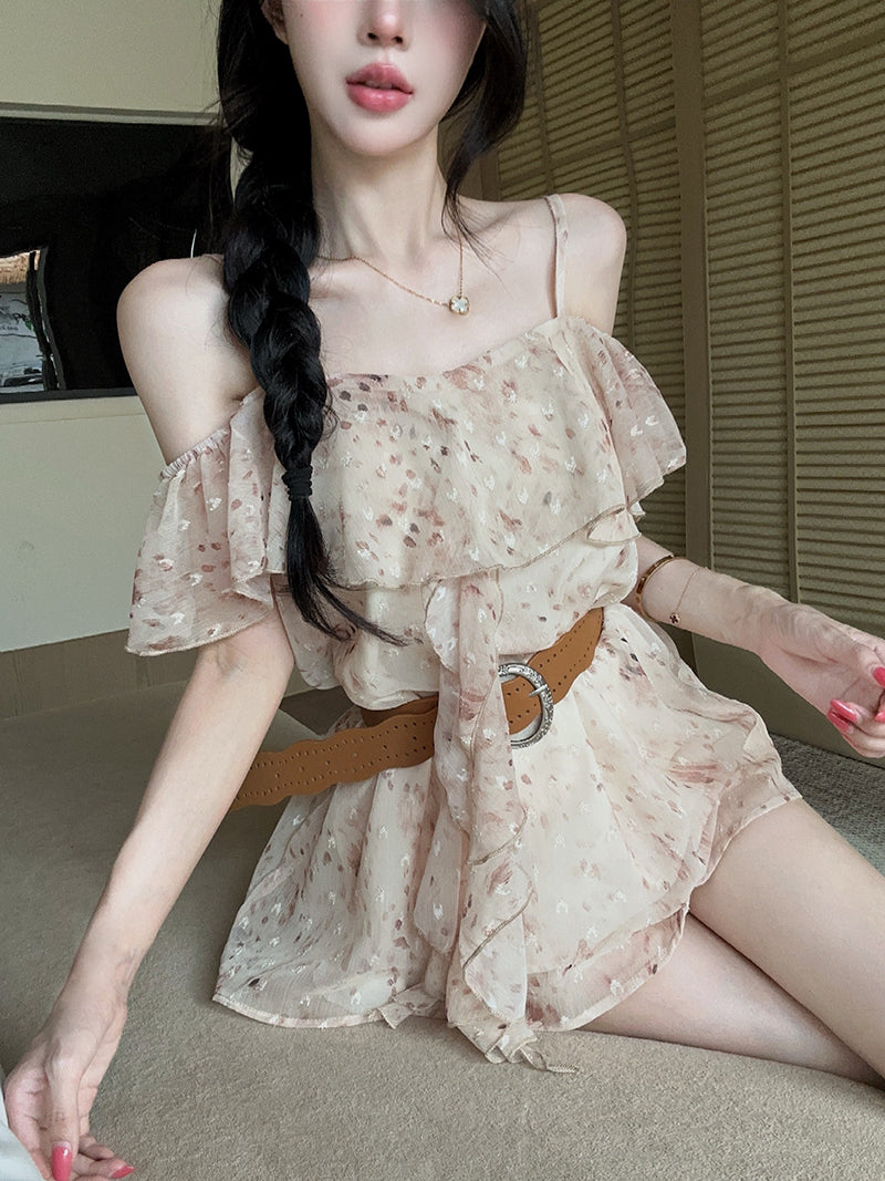 💕溫柔理肌感印花荷葉邊無袖上衣配皮帶