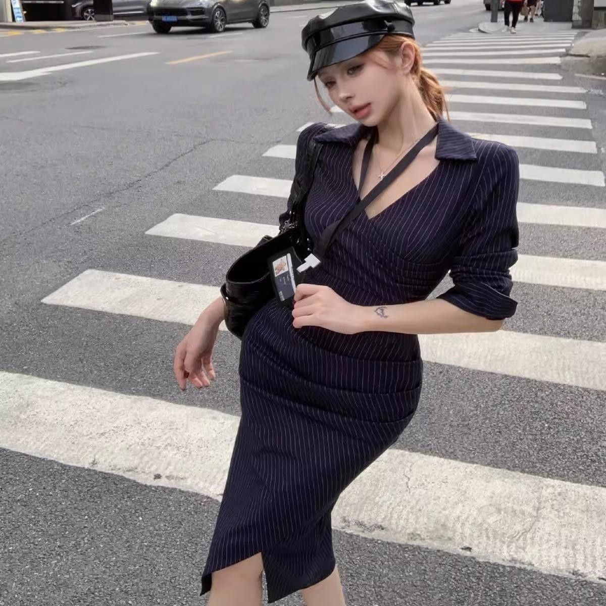 💕高級性感法式條紋V領長袖襯衫連衣裙