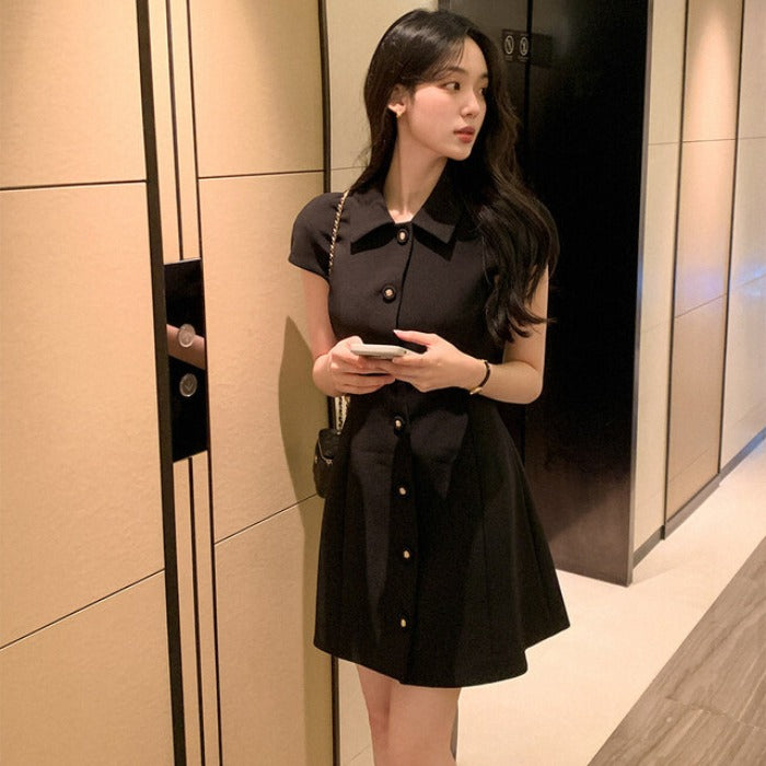💕韓系氣質小香風翻領收腰小黑裙