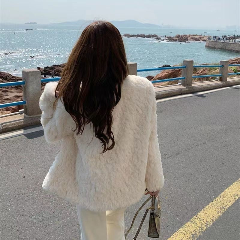 💕小香高級感仿兔毛加厚圓領外套