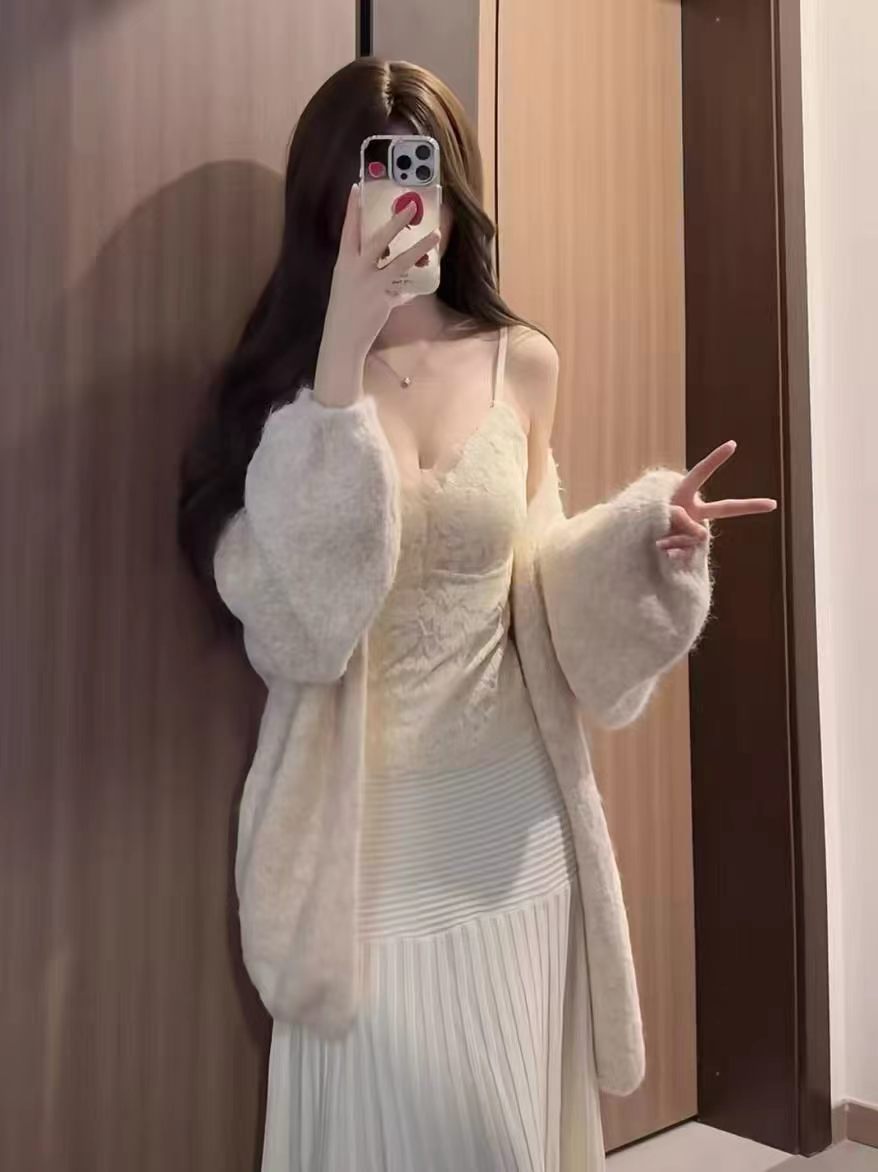 💕韓系秋冬慵懶寬鬆V領針織毛衣背心半身裙三件套