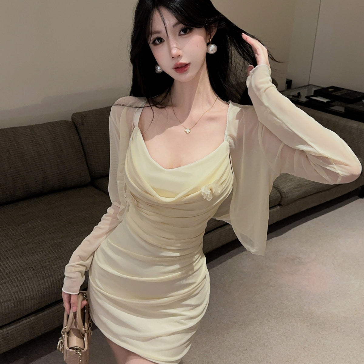 💕甜美性感褶皺修身吊帶連衣裙+開衫