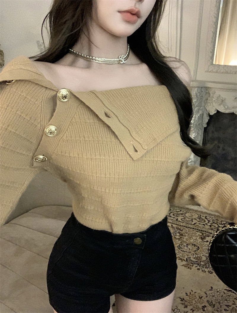 💕氣質秋冬高級感金扣針織顯瘦上衣