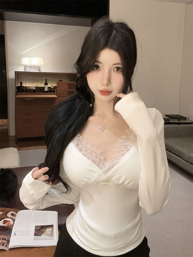 💕氣質白色扭結蕾絲長袖收腰顯瘦上衣