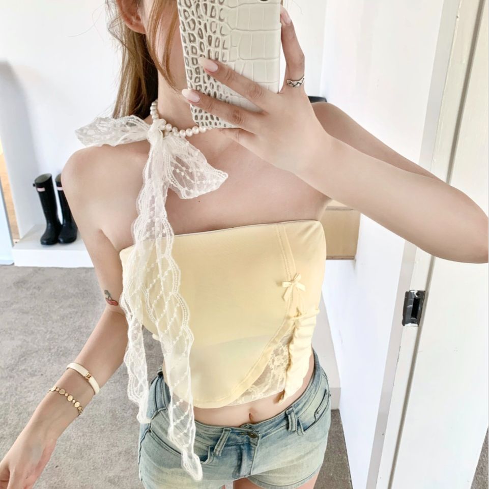 💕甜辣風珍珠鍊蕾絲拼接抹胸一字肩上衣
