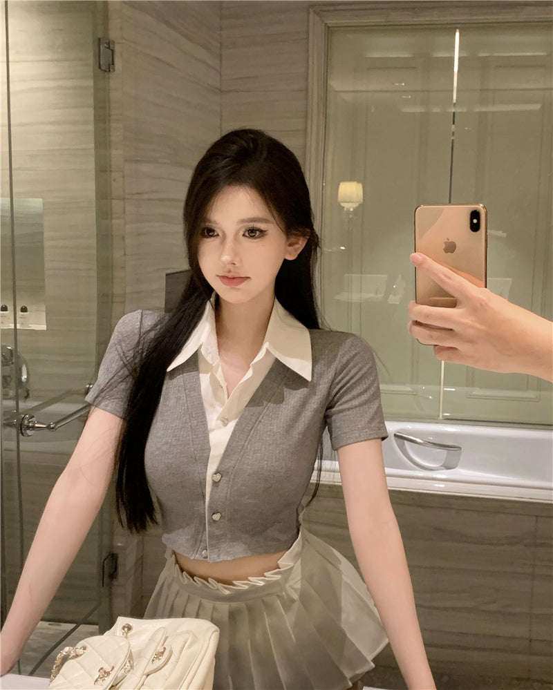 💕韓系氣質假兩件翻領修身短款針織衫