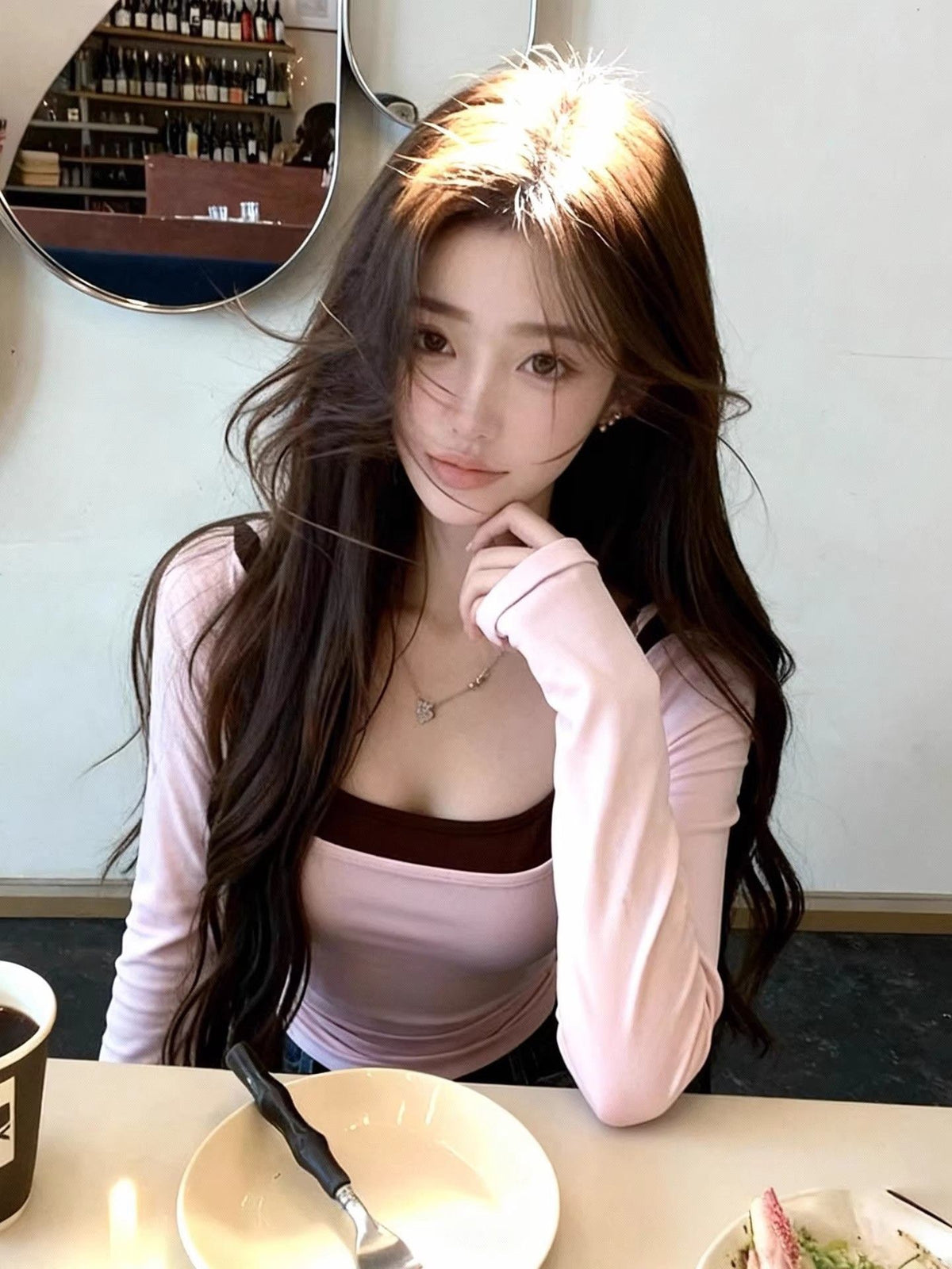 💕春秋法式撞色扭結假兩件修身打底長袖上衣