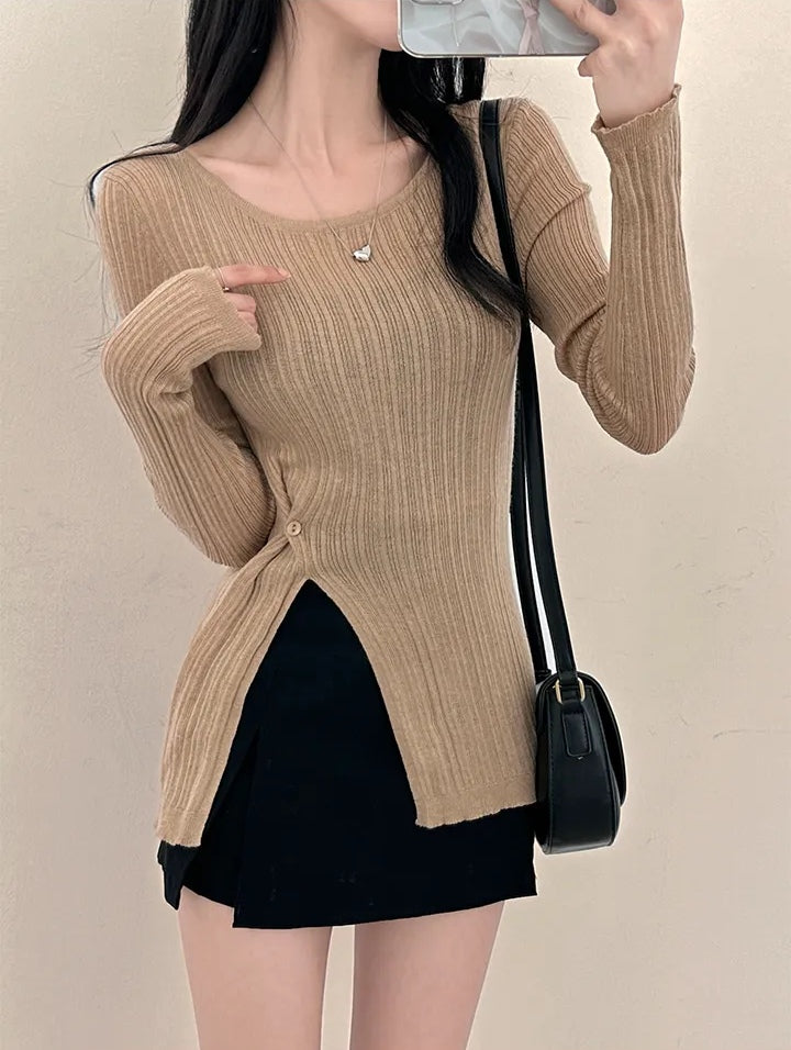 💕韓系春秋顯瘦設計感收腰開衩長袖上衣