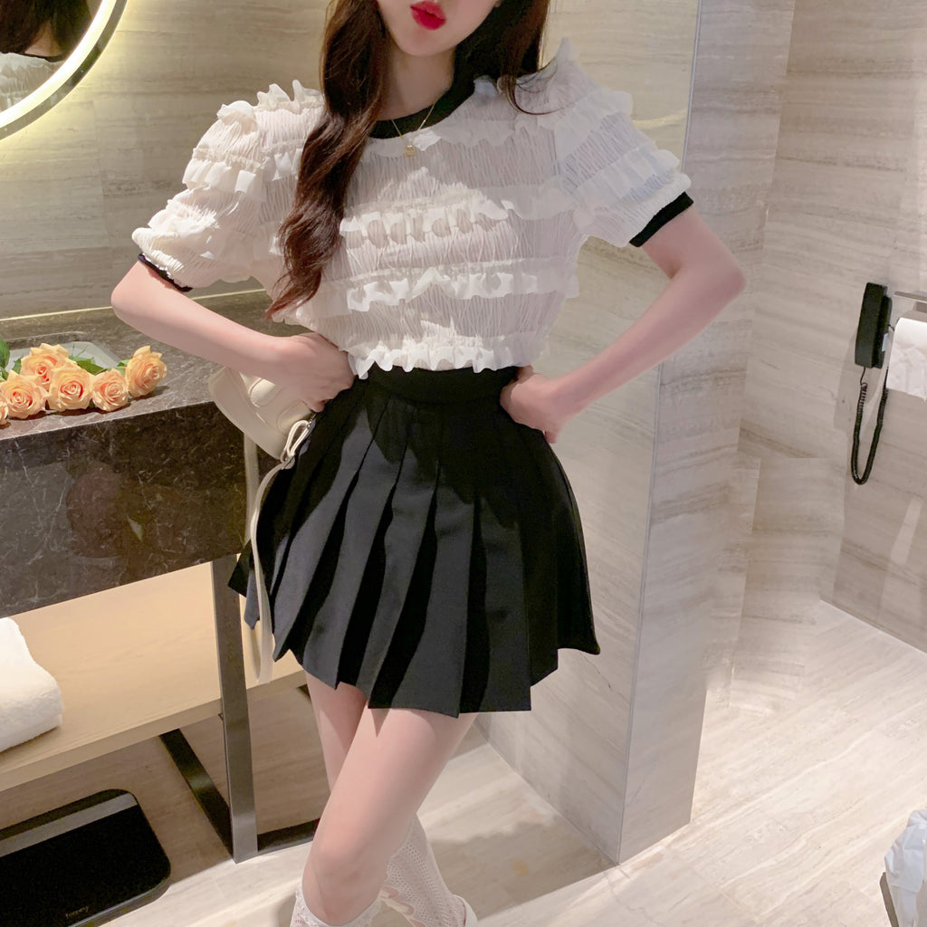 💕法式溫柔可愛木耳邊圓領顯瘦上衣