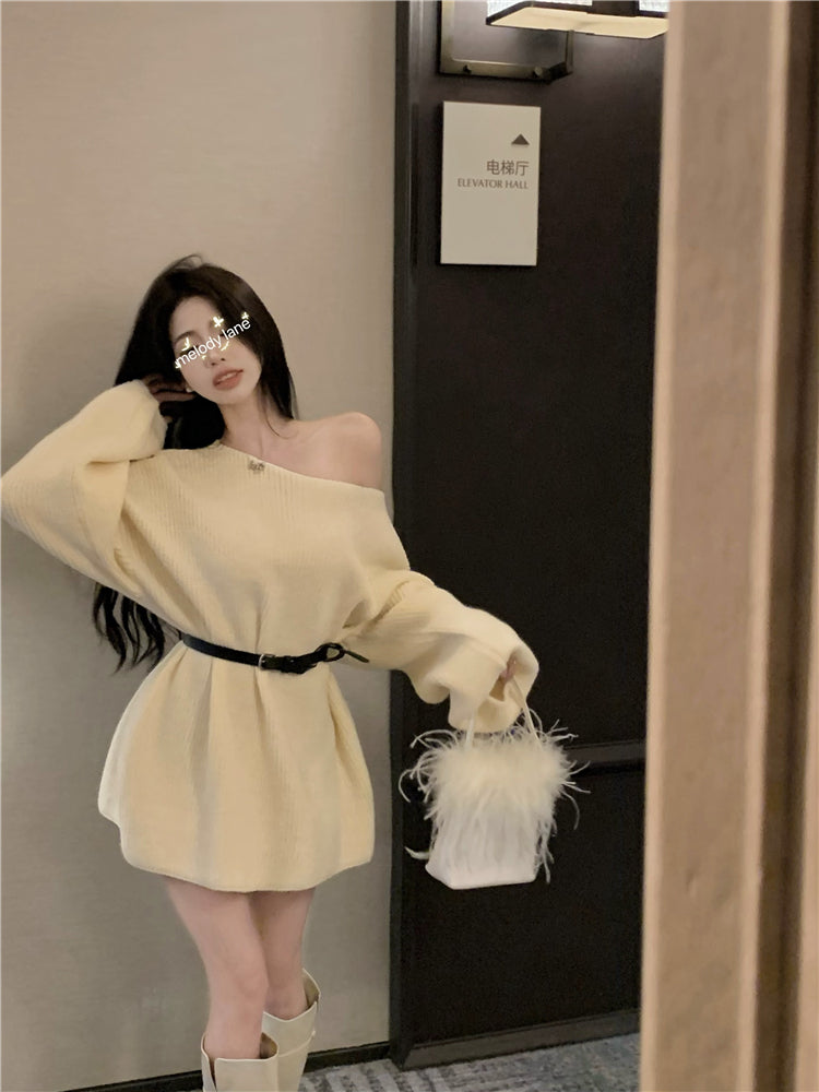 💕氣質甜美露肩針織寬鬆配腰帶連衣裙