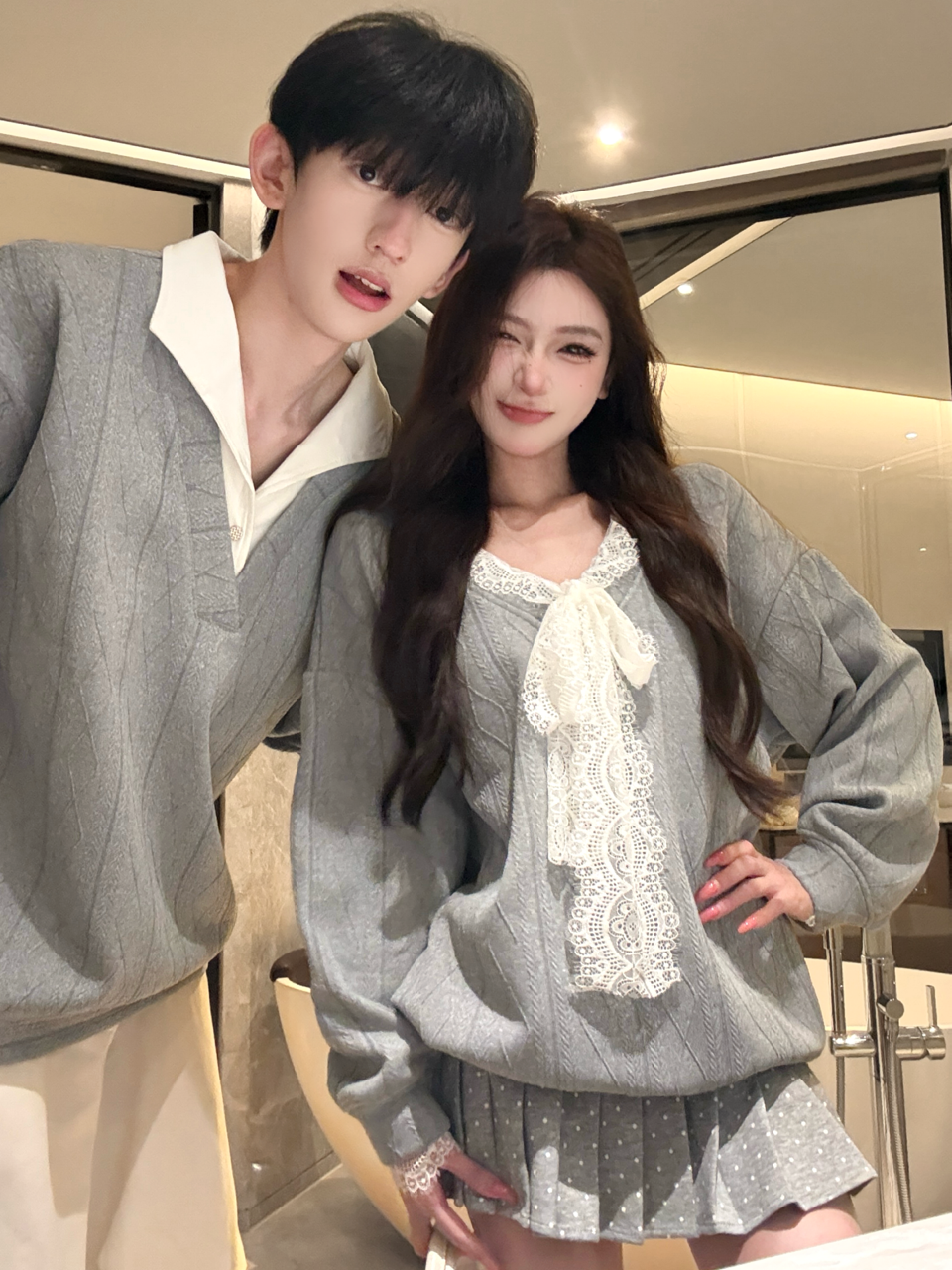 💕溫柔甜美蕾絲拼接慵懶休閒情侶套裝