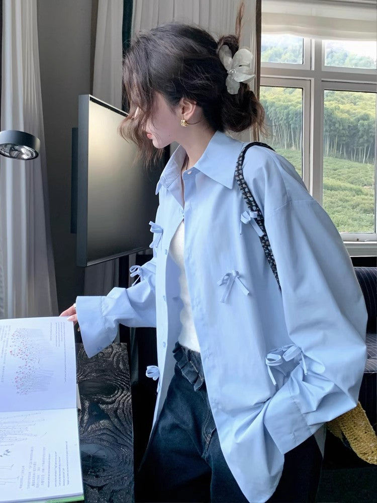 💕chic春秋韓系立體蝴蝶結襯衫
