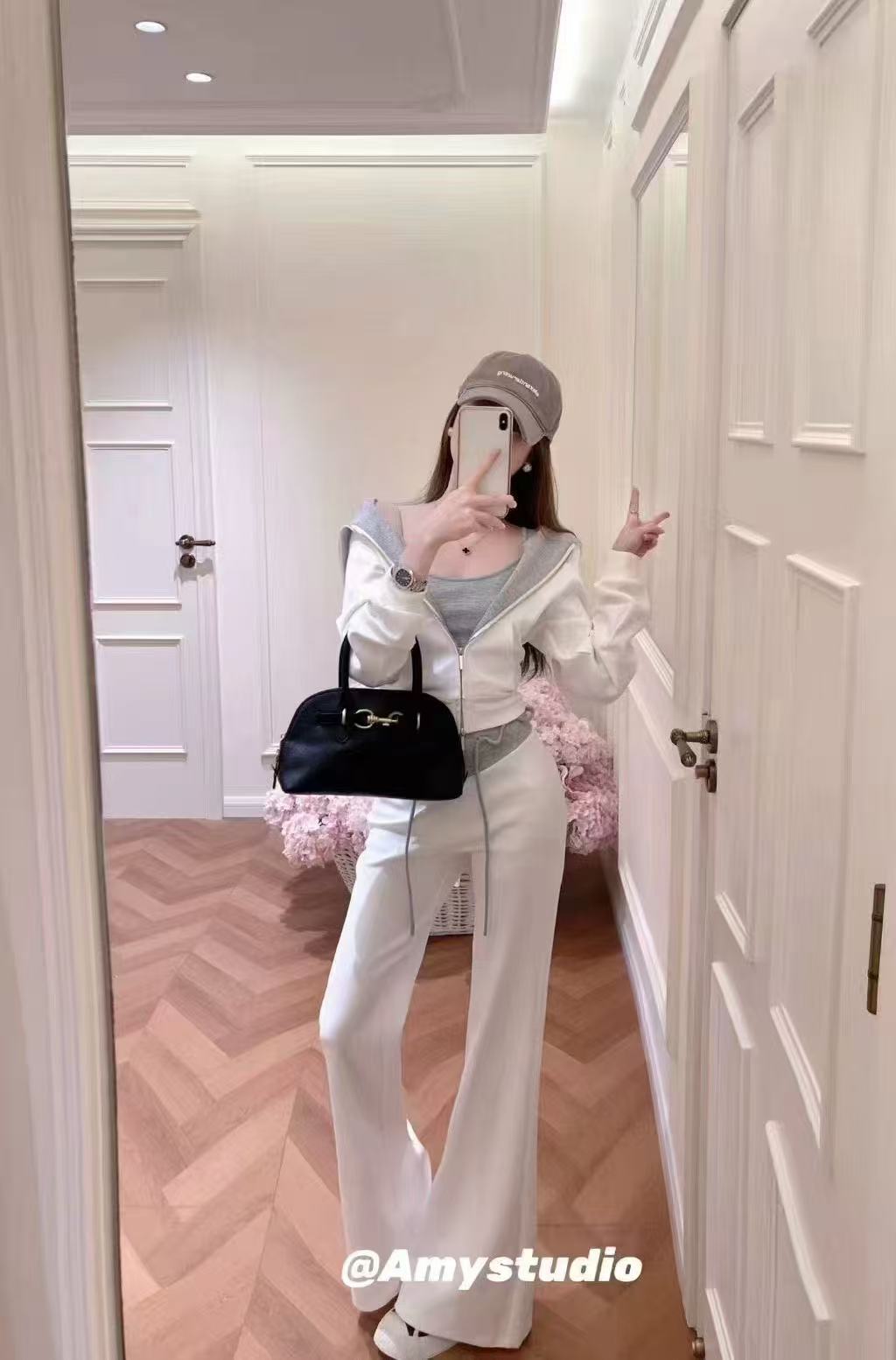 💕韓系撞色連帽開衫+吊帶+拼接休閒褲三件套