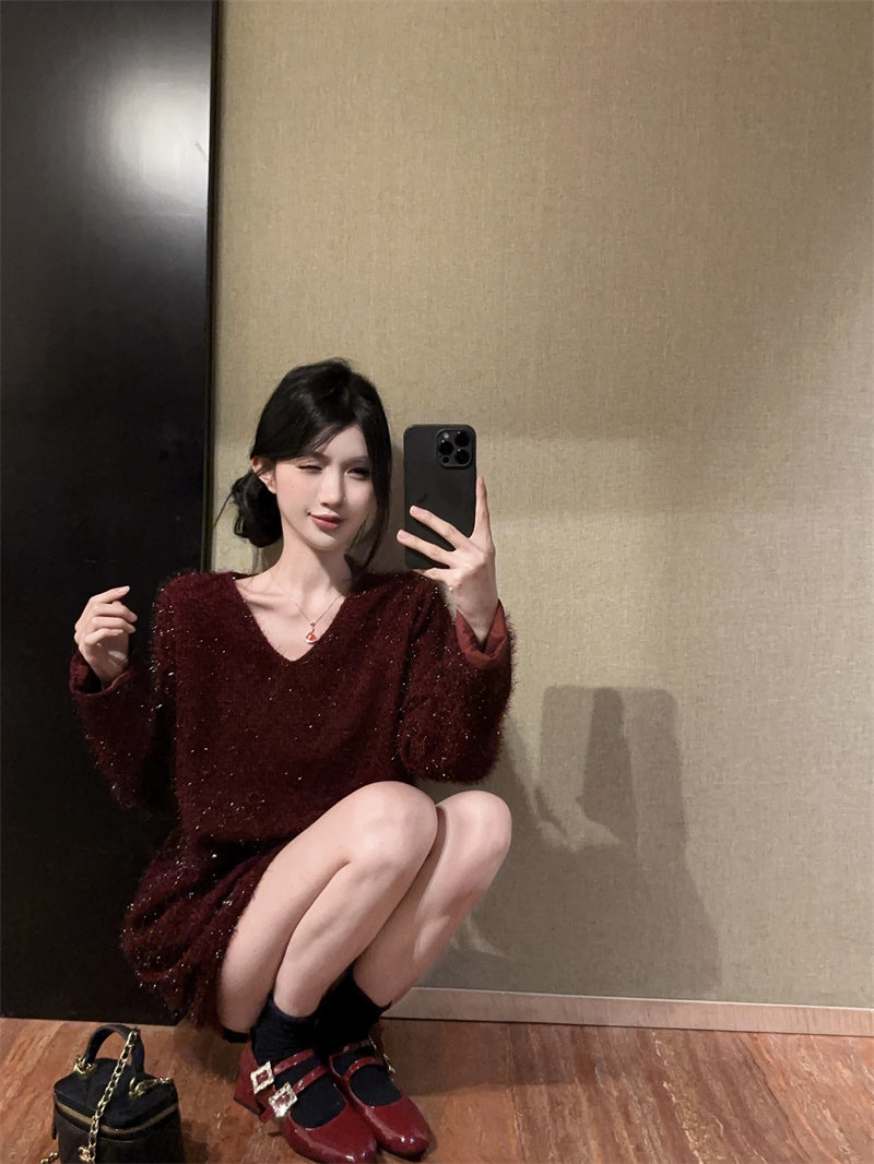 💕顯白氣質高級V領金絲碎亮長袖上衣