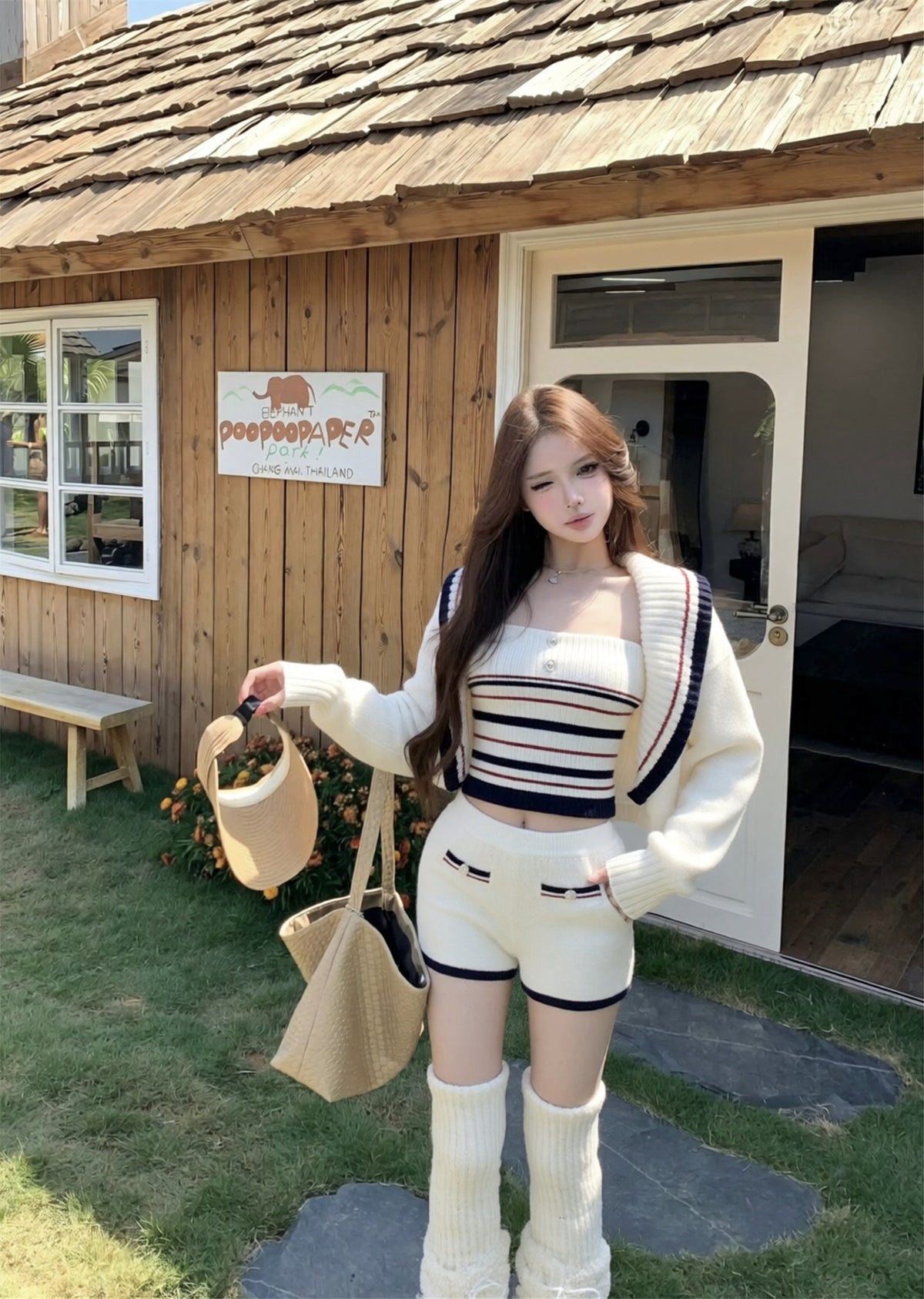 💕休閒慵懶條紋大翻領針織背心三件套