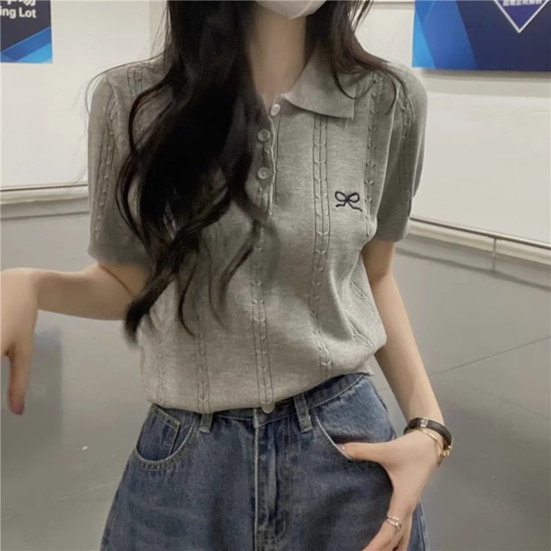 💕百搭甜美POLO領蝴蝶結刺繡針織衫