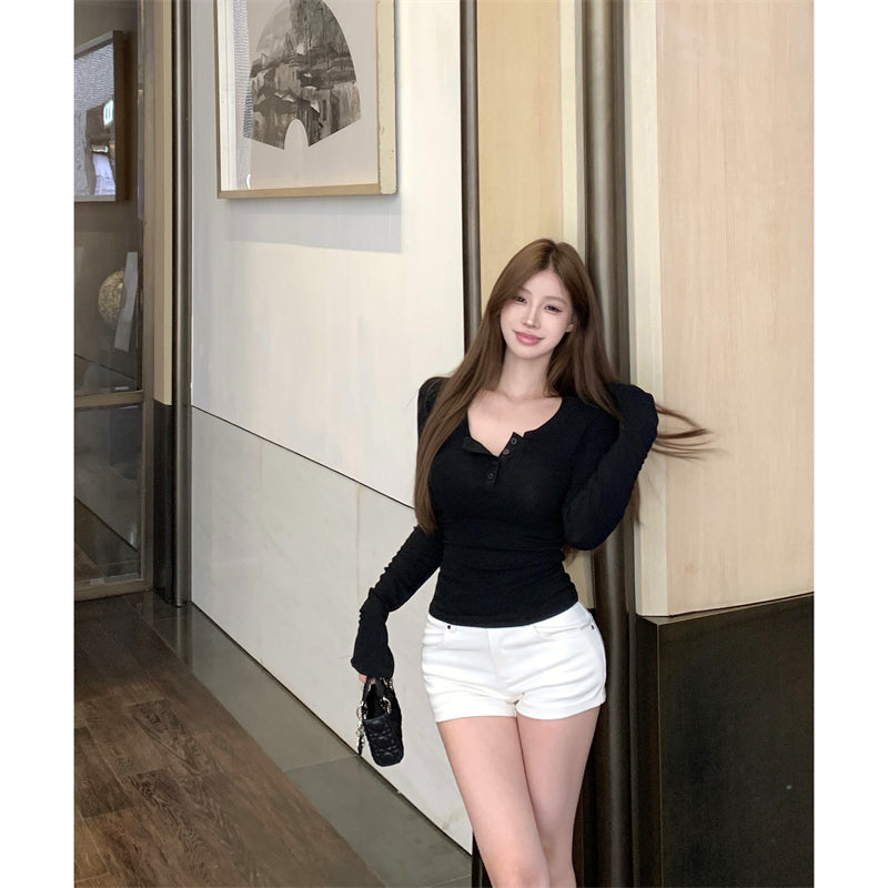 💕秋冬辣妹半高U領修身褶皺短磨毛內搭打底上衣