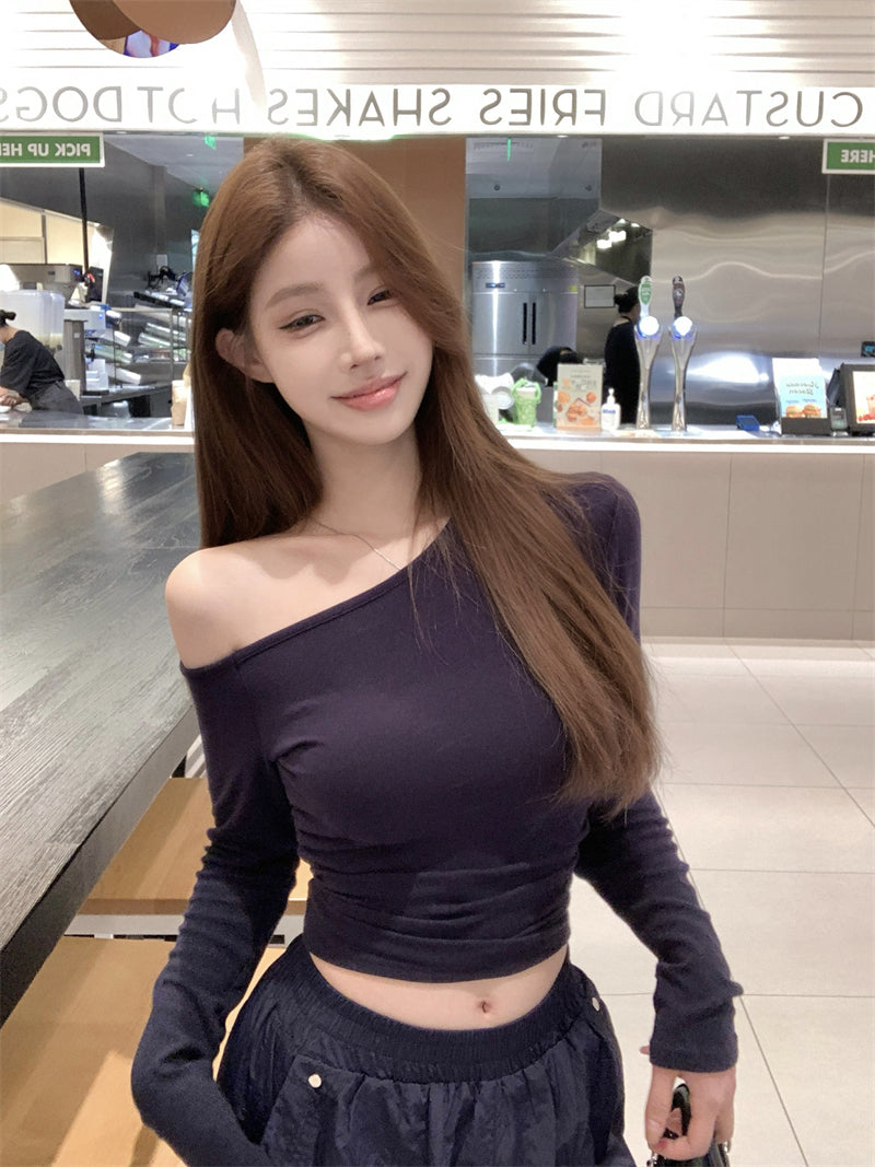 💕簡約通勤絕美基礎款斜肩磨毛上衣