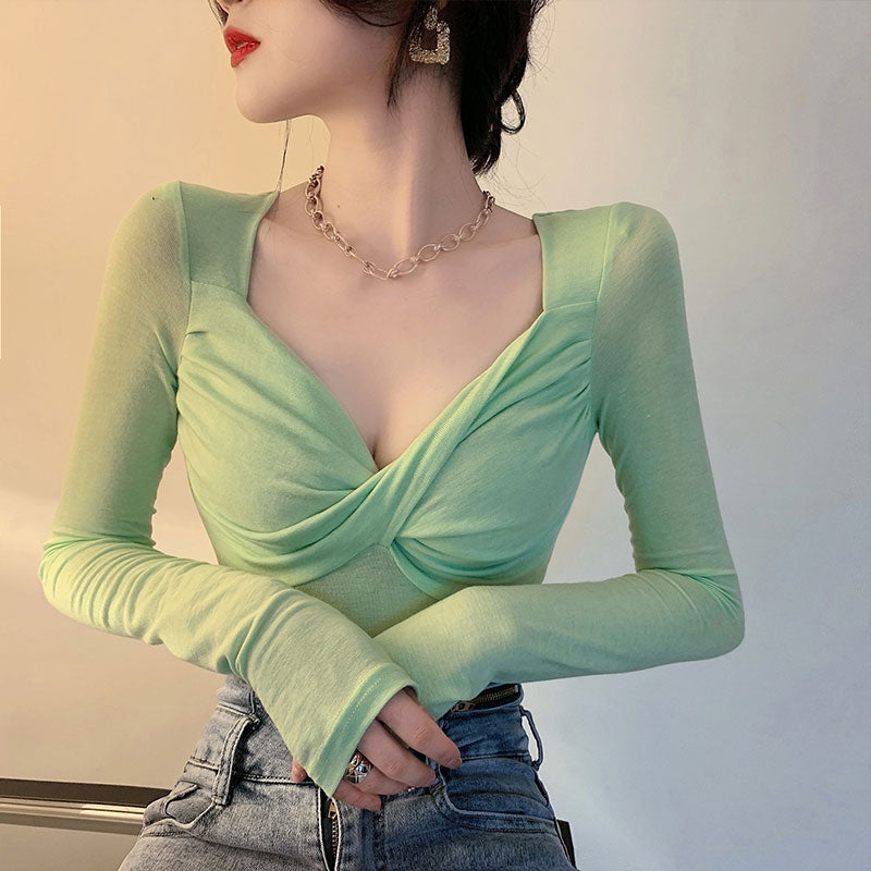 💕長袖V領扭結顯瘦打底衫上衣