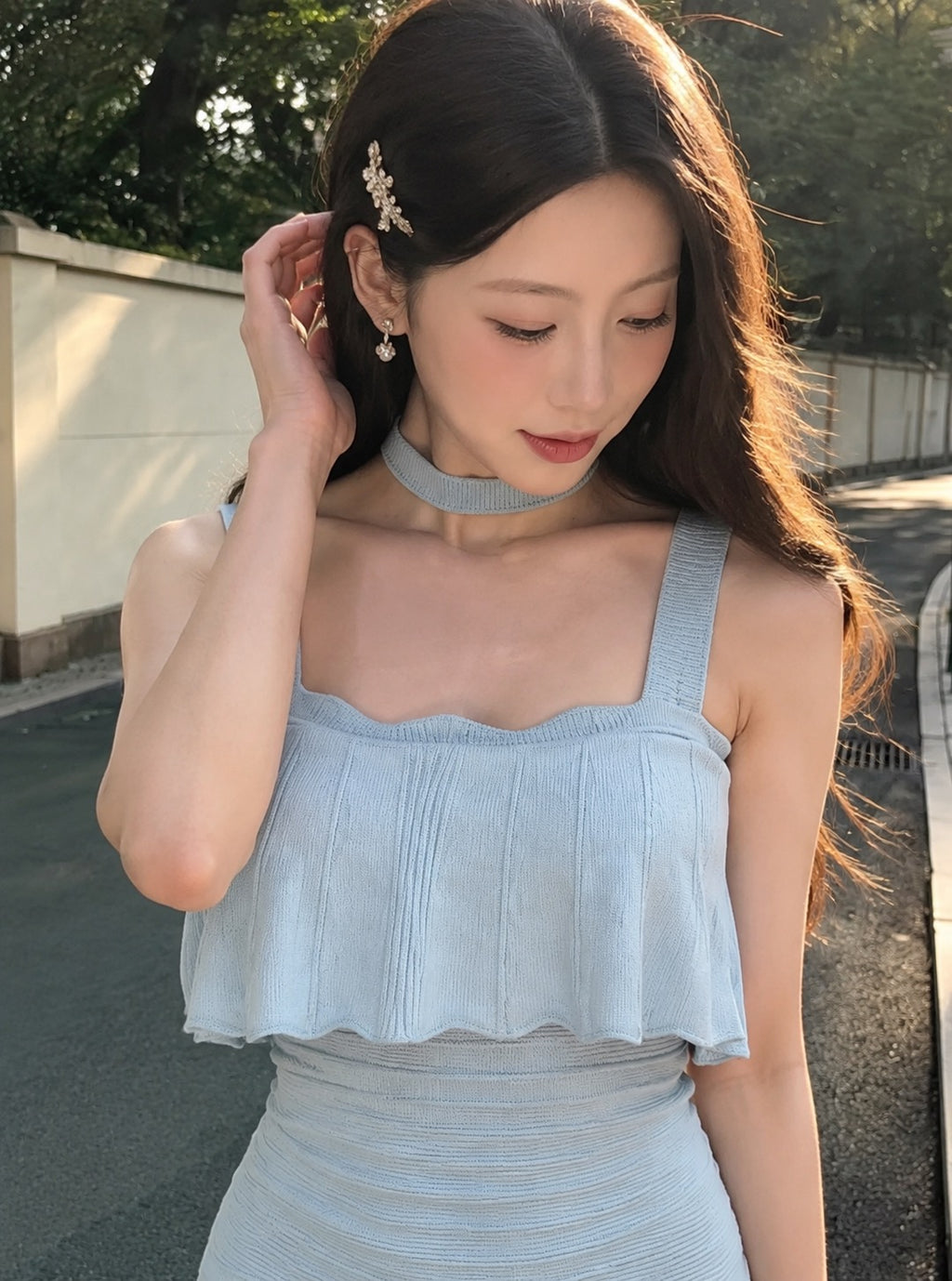 💕荷葉邊彈力針織收腰修身吊帶包臀短裙