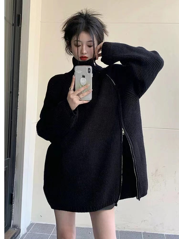 💕側邊拉鍊設計感高領慵懶中長毛衣