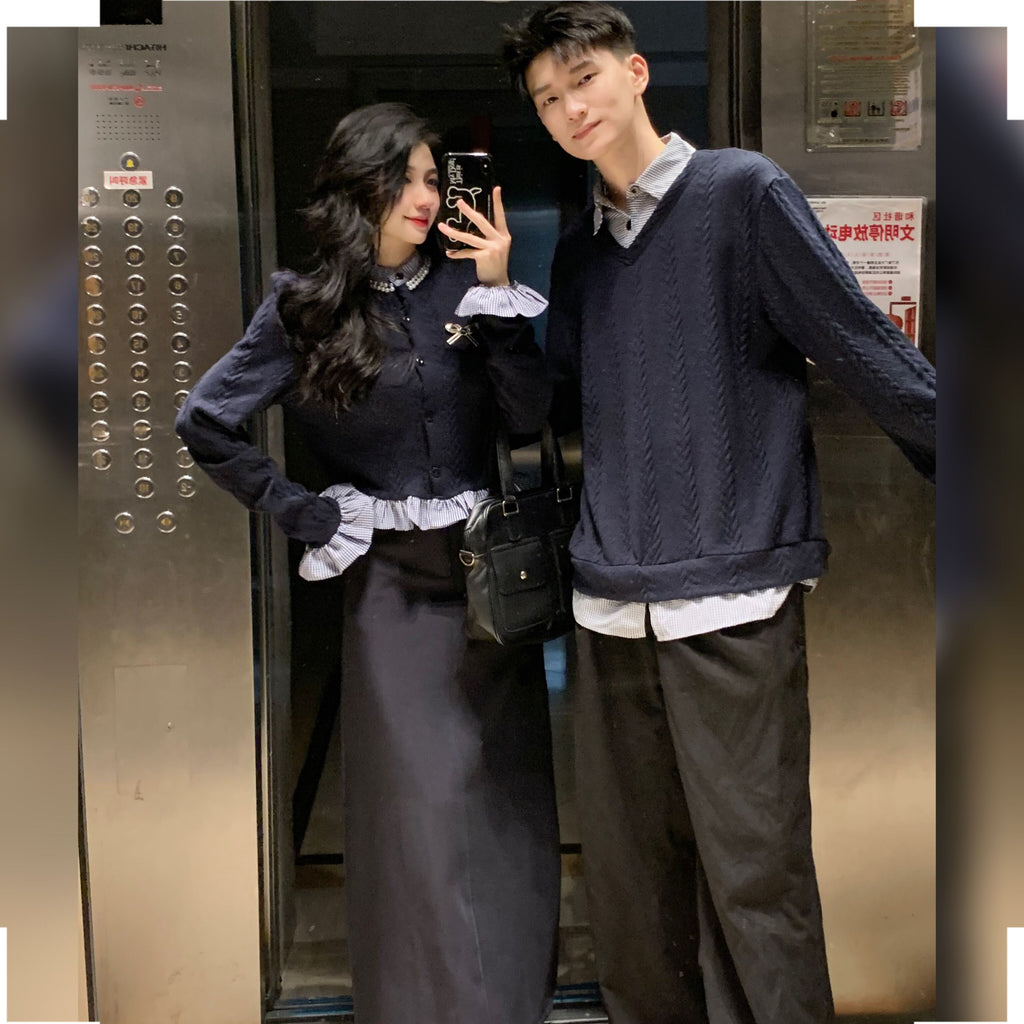 💕秋冬法式梨形長袖拼接假兩件情侶套裝