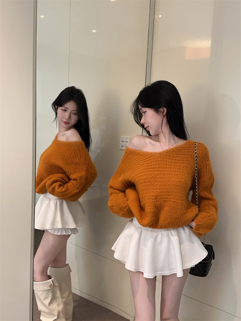 💕慵懶風V領長袖寬鬆毛衣鏤空衫