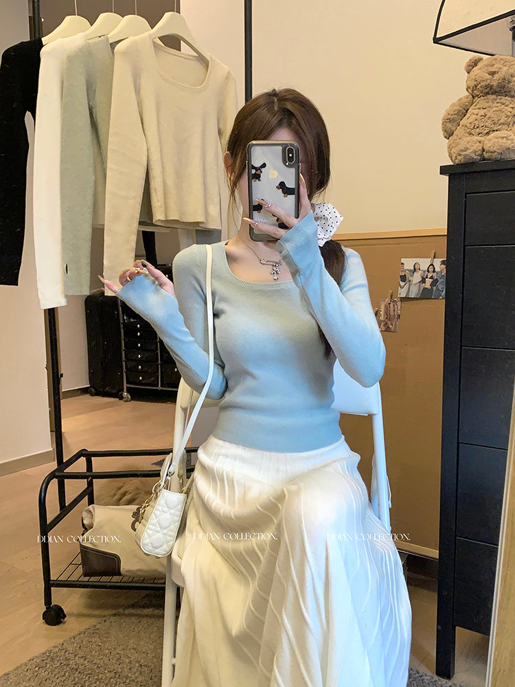 💕chic高級感簡約方領素色百搭長袖上衣