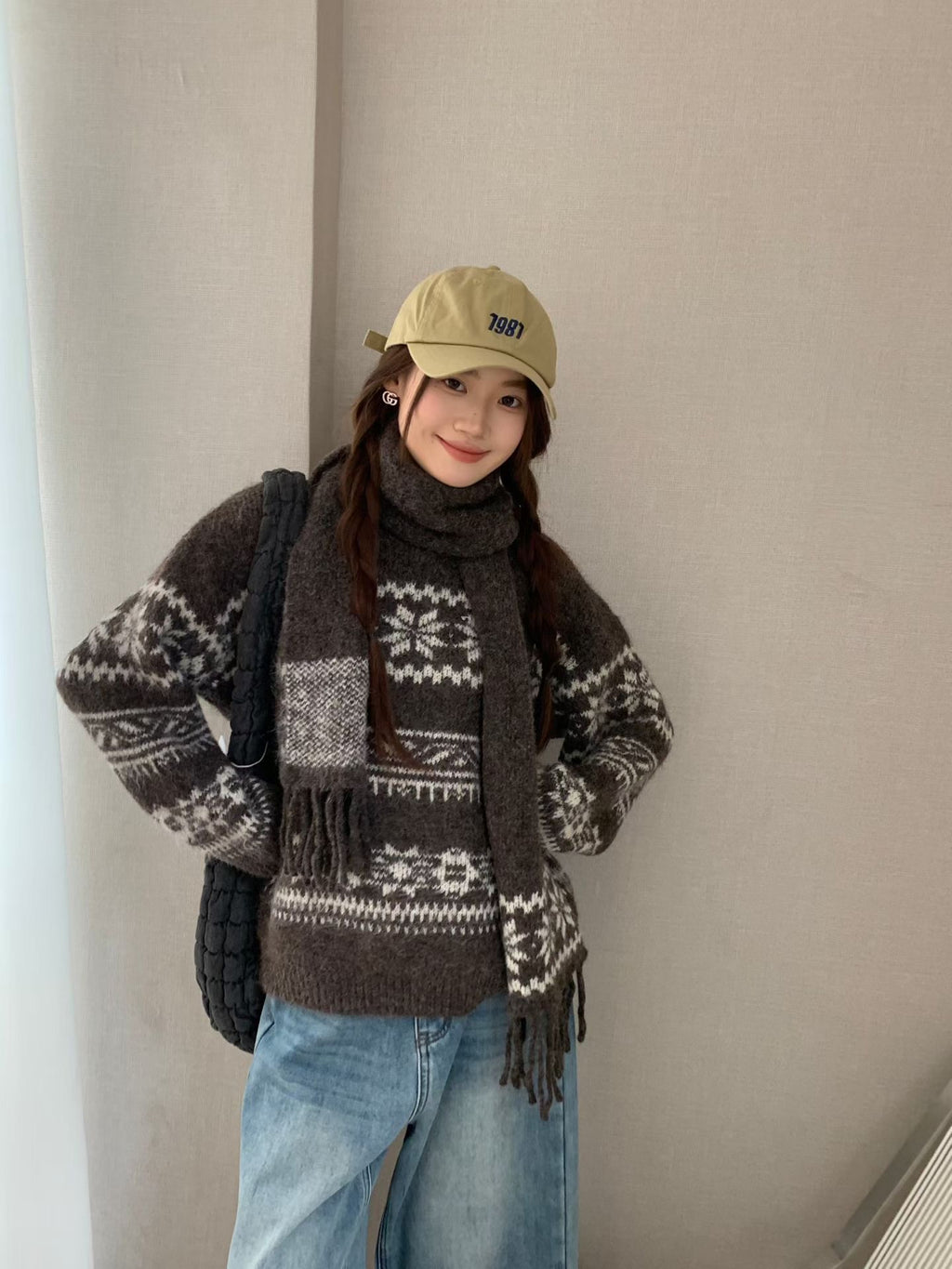 💕韓系圓領復古緹花拚色軟糯針織帶圍巾打底毛衣