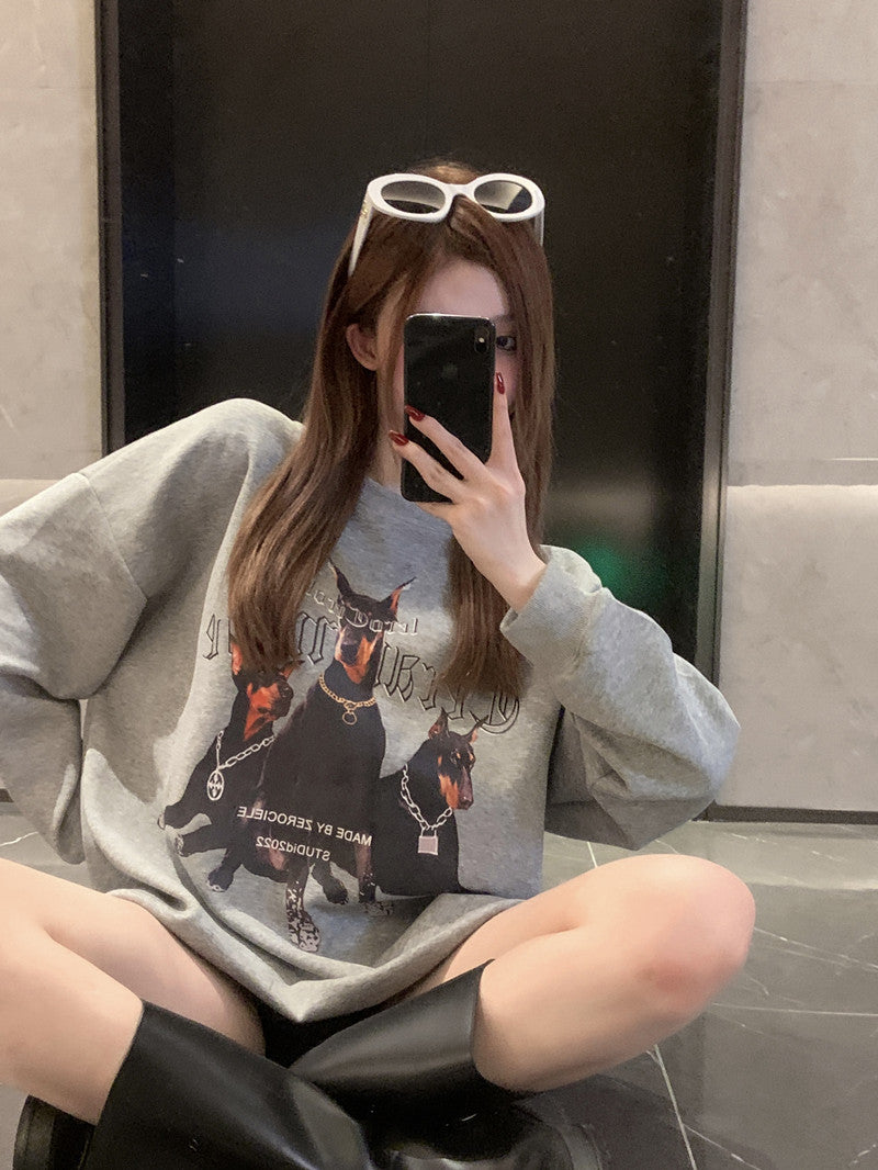💕美式帥氣杜賓犬印花寬鬆中長衛衣
