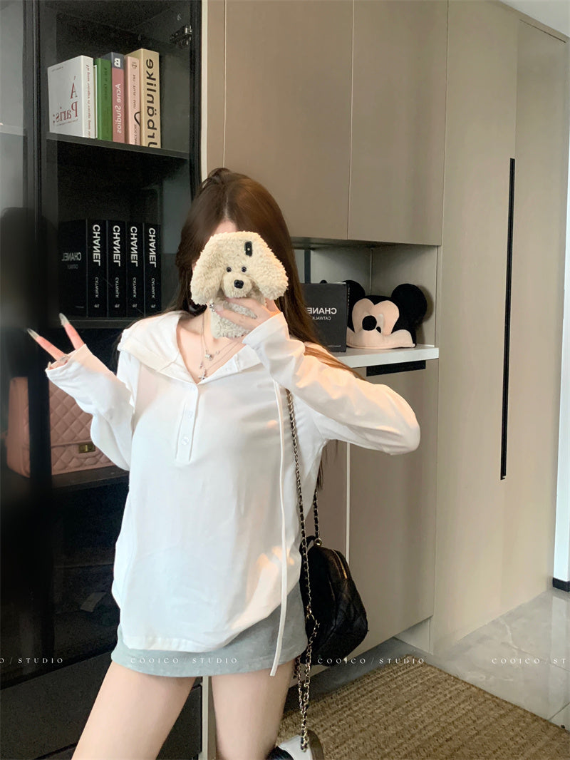 💕早秋鬆弛感鈕扣連帽長袖上衣