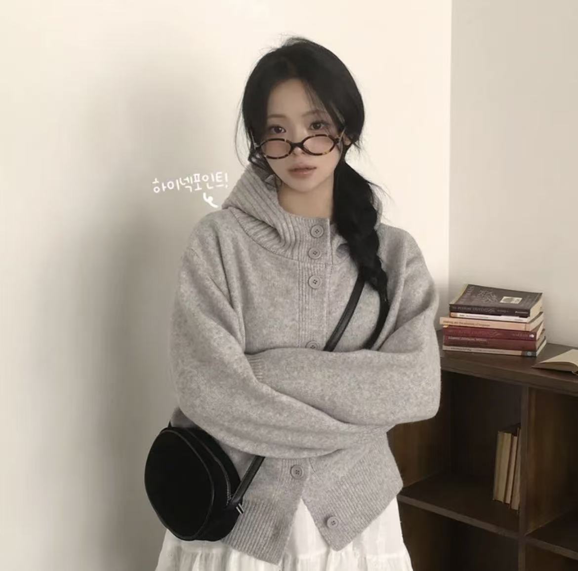 💕韓系軟糯慵懶復古扣連帽針織開衫