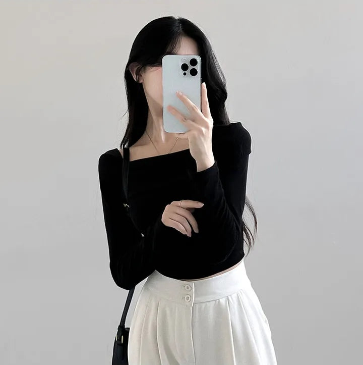💕chic秋季長袖打底小心機露鎖骨上衣