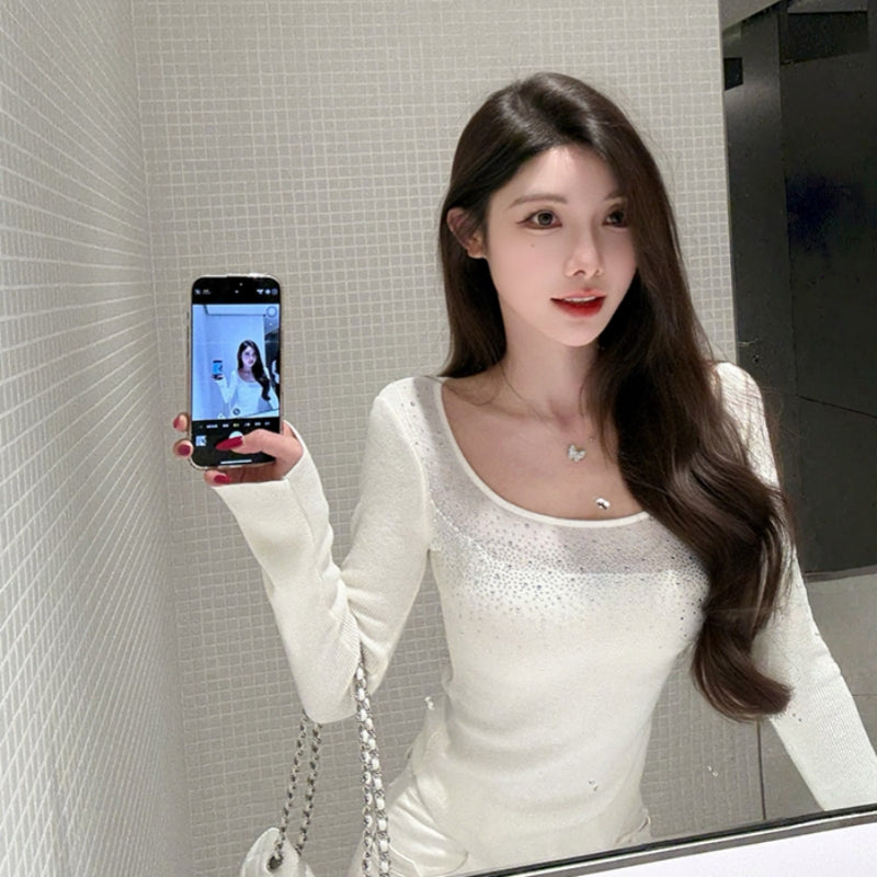💕韓系性感修身鑲鑽針織打底毛衣