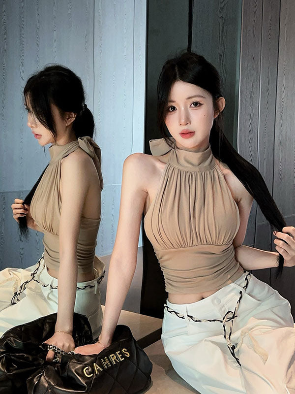 💕掛脖飄帶帶胸墊收腰無袖露肩上衣