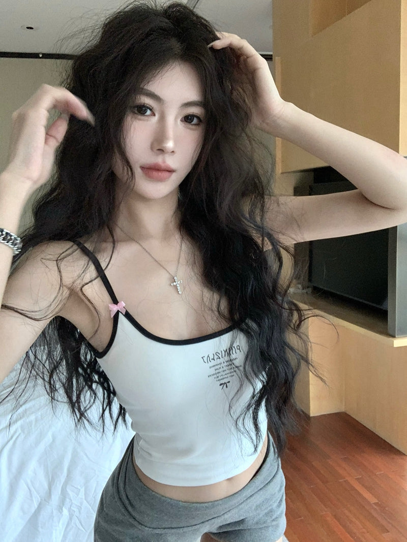 💕辣妹修身顯瘦蝴蝶結字母印花短款吊帶背心上衣