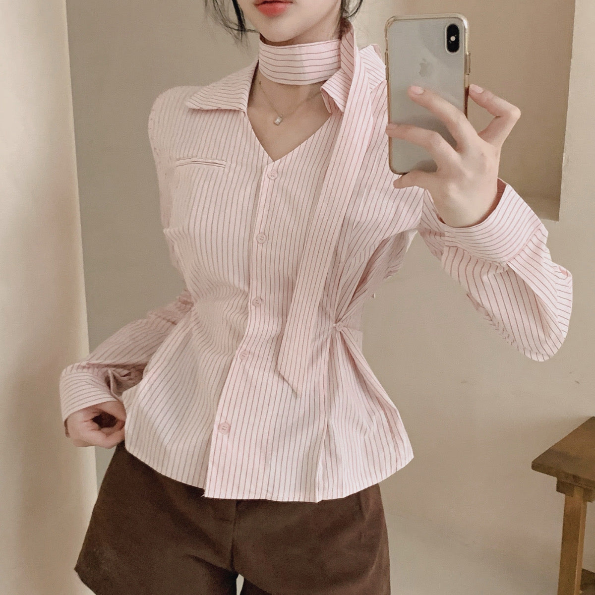 💕韓系小眾V領飄帶收腰百搭條紋上衣